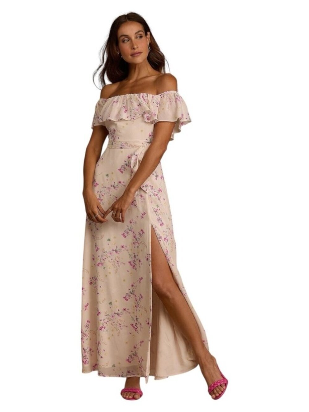 Lulus Amazing Moment Off Shoulder‎ Pink Floral Maxi Dress Women’s Small